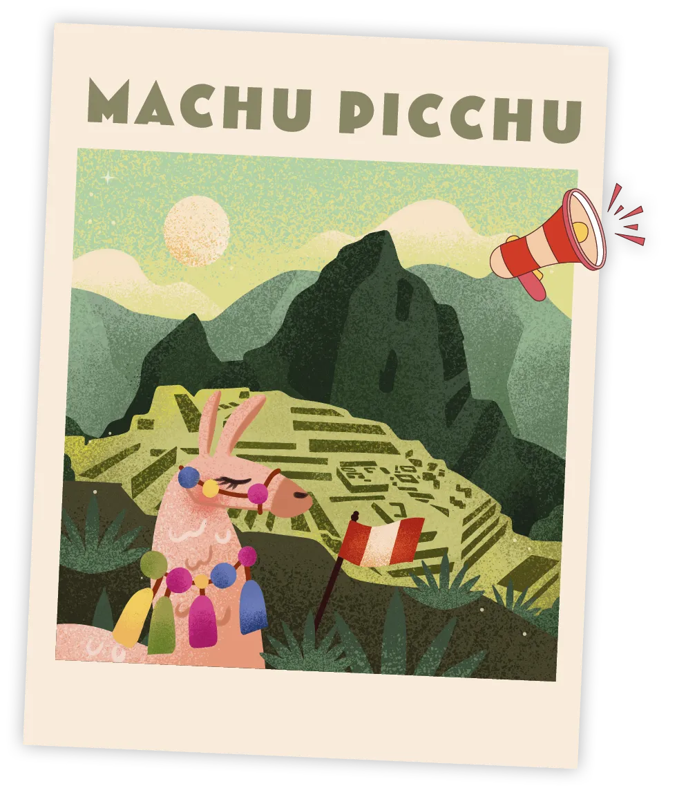Illustration de Machu Picchu avec un lama et le drapeau du Pérou.