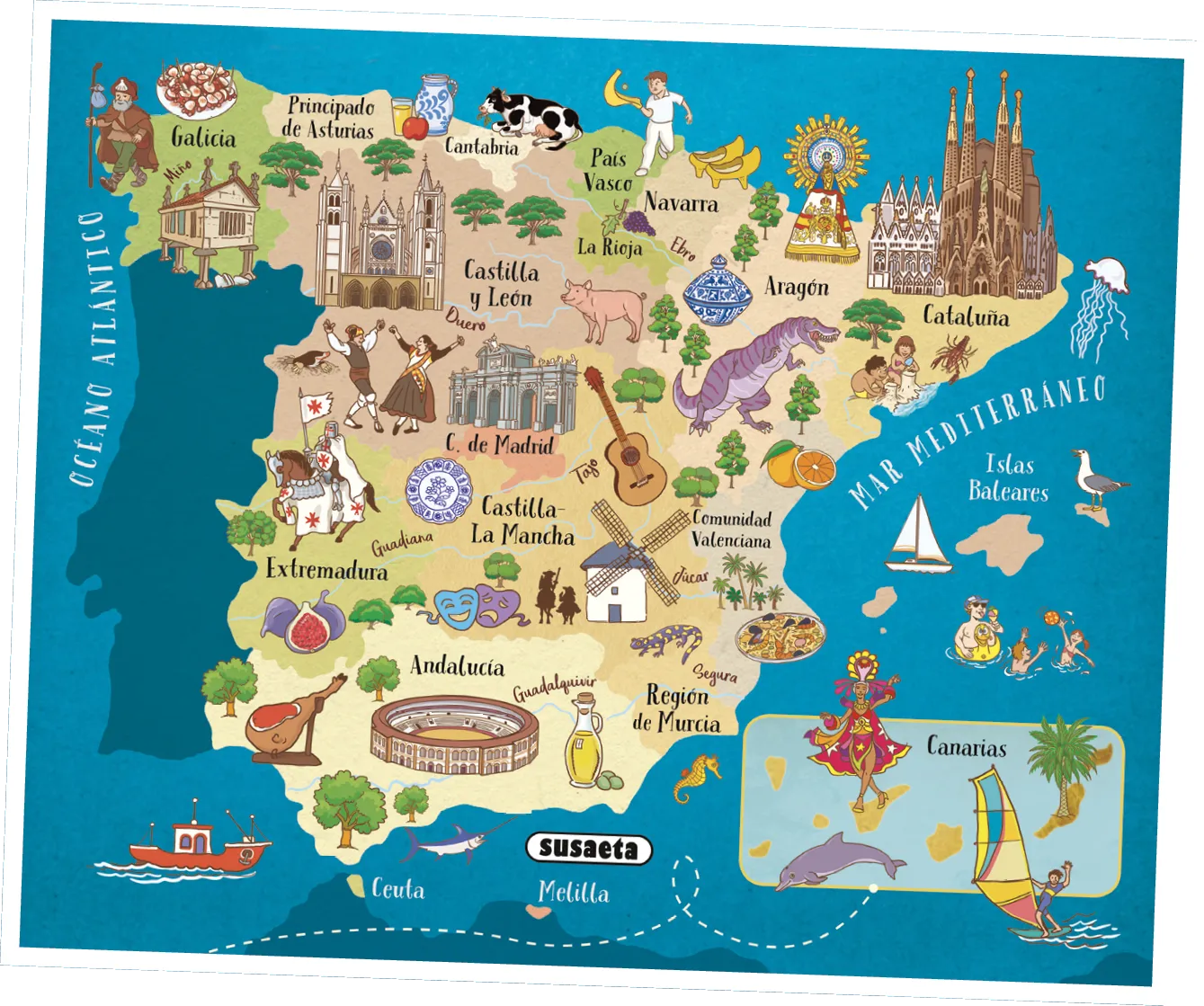 Mapa ilustrado de España con sus comunidades autónomas: Galicia, Principado de Asturias, Cantabria, País Vasco, Navarra, La Rioja, Aragón, Cataluña, Castilla y León, C. de Madrid, Castilla-La Mancha, Comunidad Valenciana, Extremadura, Andalucía, Región de Murcia, Islas Baleares, Canarias, Ceuta y Melilla. Se indican los ríos Miño, Duero, Tajo, Guadiana, Guadalquivir, Ebro, Júcar y Segura, así como el Océano Atlántico y el Mar Mediterráneo. Logo de susaeta.