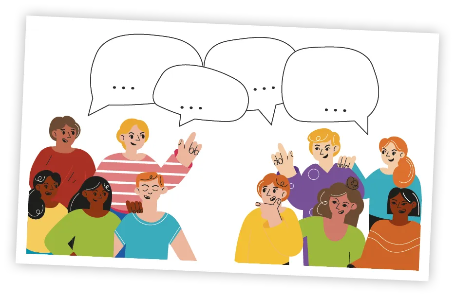 un grupo de personas charlando con bocadillos de texto vacíos