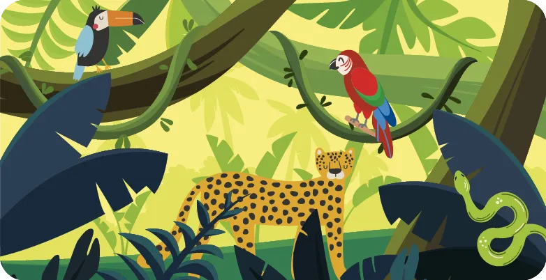 Illustration d'une jungle colorée avec un toucan, un perroquet, un léopard et un serpent.