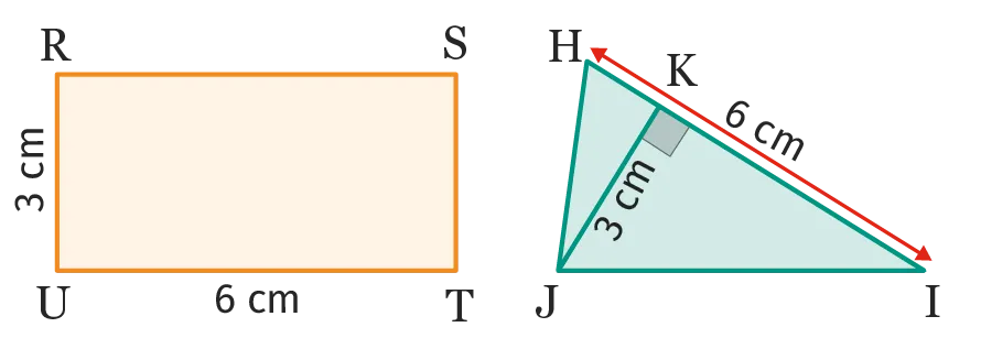 Rectangle RSTU de dimensions 3 cm par 6 cm et triangle HIJ de base 6 cm et de hauteur 3 cm.