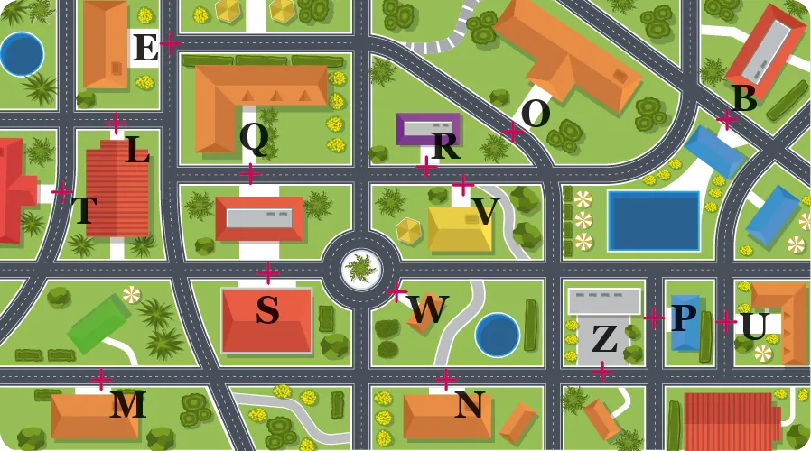 Plan d'un village avec différents points d'intérêt marqués par des lettres.