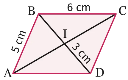 Parallélogramme ABCD avec ses diagonales se coupant en I. Les côtés AB et BC mesurent respectivement 5 cm et 6 cm. Le segment ID mesure 3 cm.