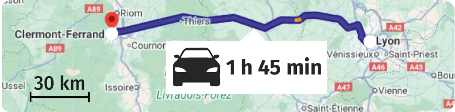 Carte d'un trajet entre Clermont-Ferrand et Lyon indiquant une durée de 1 h 45 min et une échelle de 30 km.