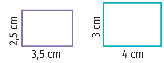 Rectangle de gauche : 2,5 cm et 3,5 cm. Rectangle de droite : 3 cm et 4 cm.