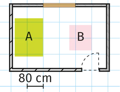 Plan d'une pièce d'appartement sur un quadrillage avec une fenêtre, une porte, une zone rectangulaire verte A et une zone carrée rose B. Un segment d'un carreau est légendé 80 cm.