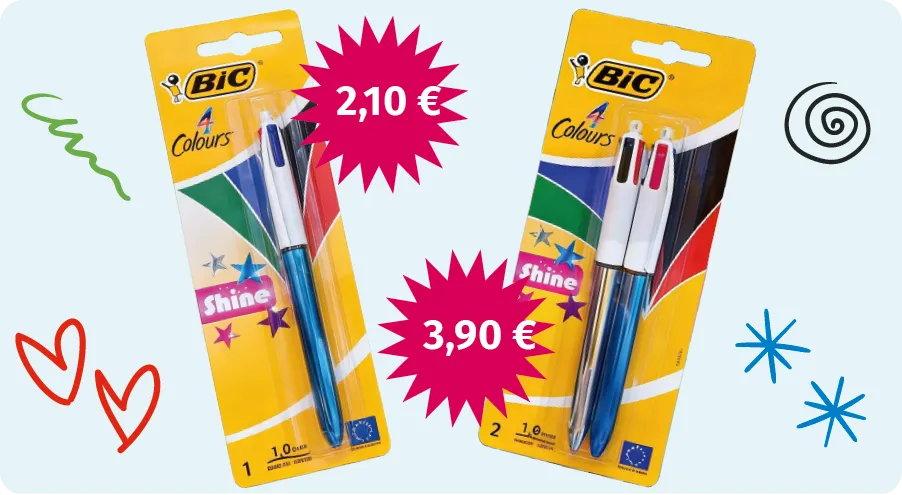 Stylos BIC 4 Colours Shine : 2,10 € l'unité ou 3,90 € par lot de deux.