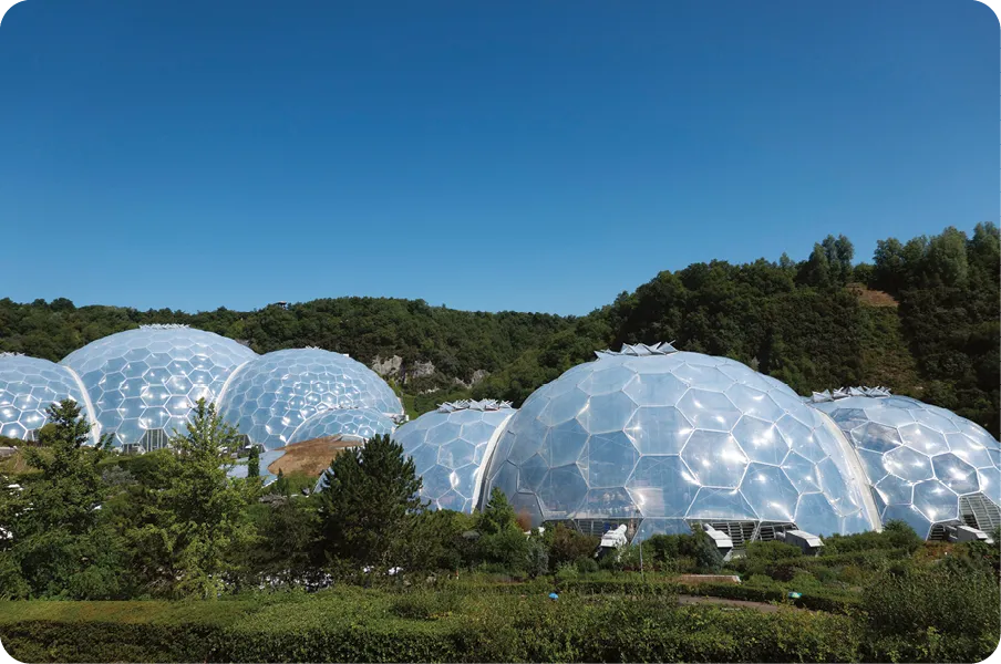 Geodesic biome domes at the Eden Project in Cornwall, England.