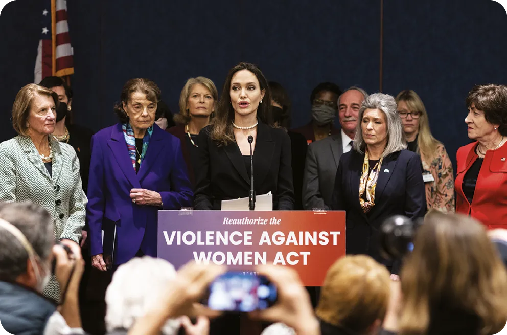 Angelina Jolie speaks at the Violence Against Women Act Conference, 2022.