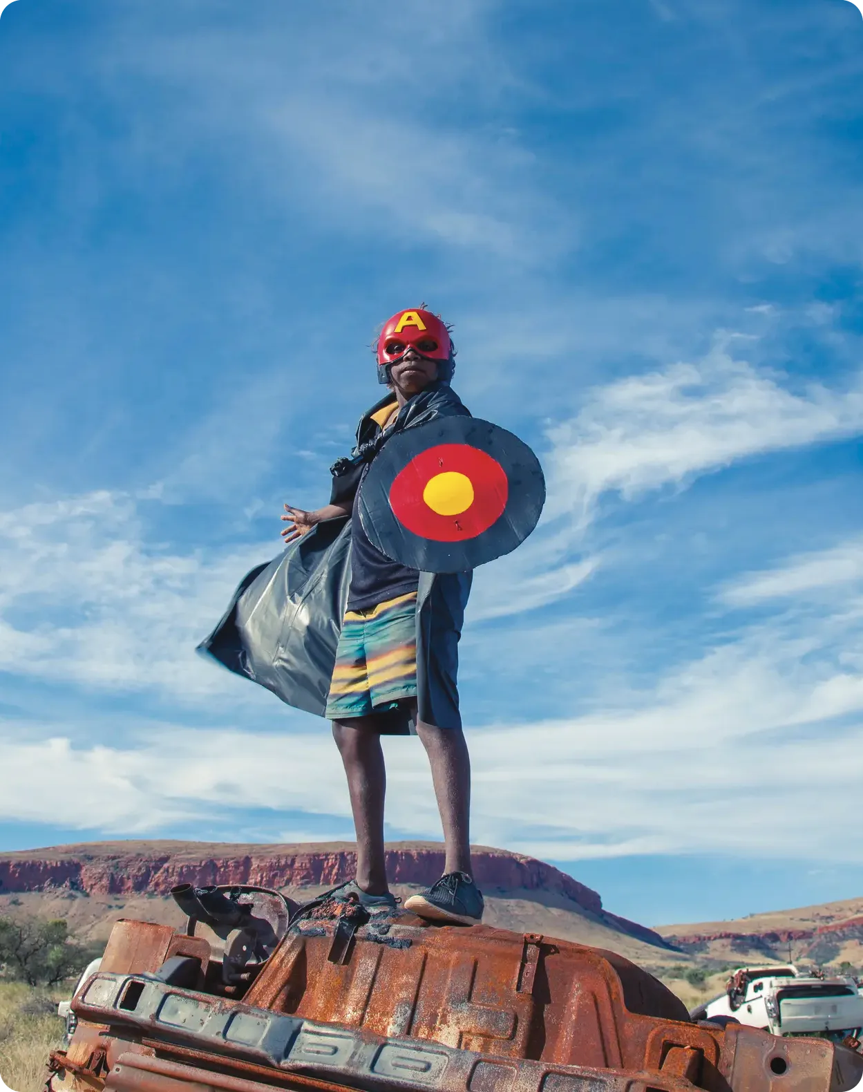 Warakurna Superheroes #1 from the On Country Exhibit by Tony Albert, David C. Collins and Kieran Lawson, 2017.