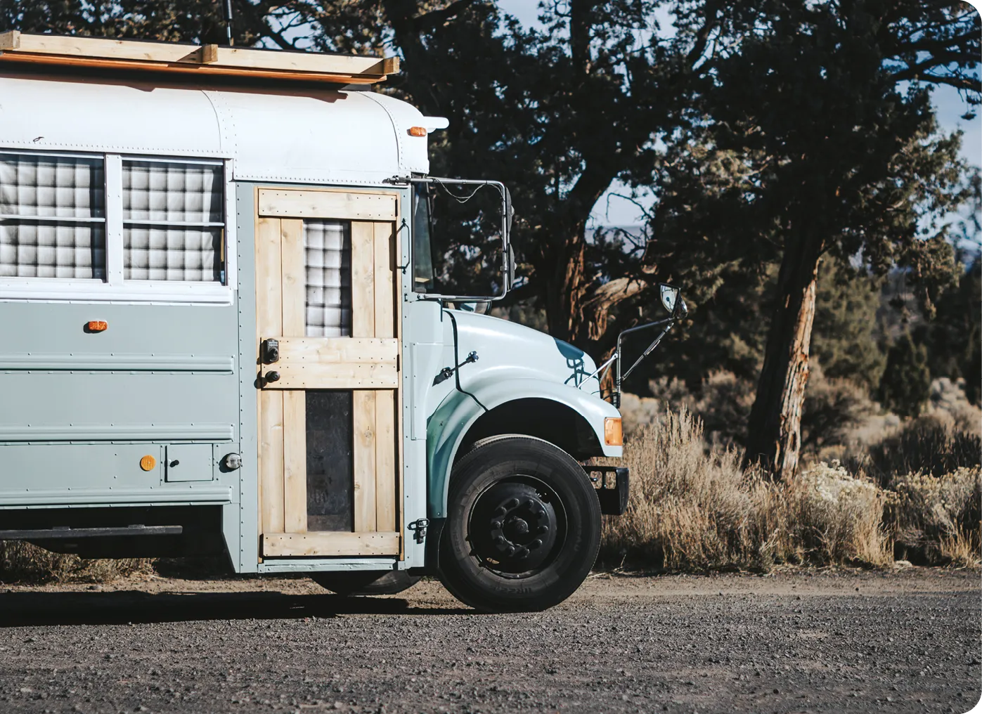 Custom vintage converted school bus used for van life travel in Central Oregon