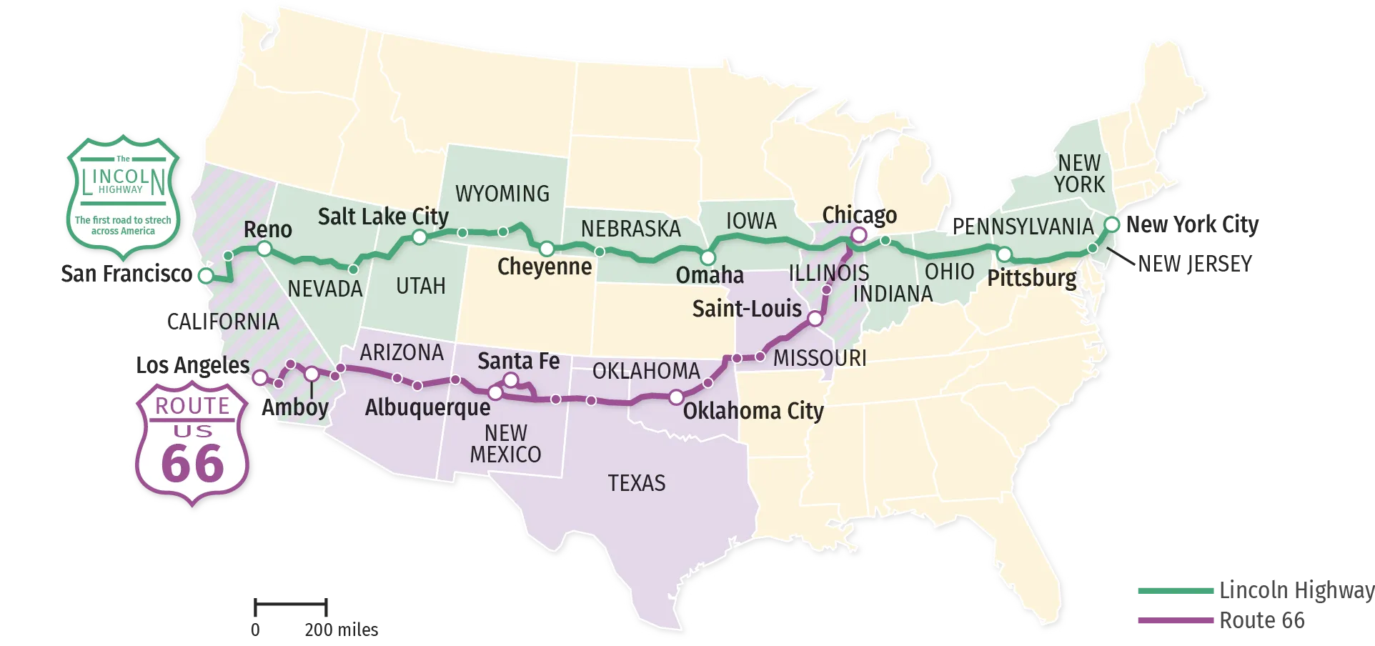 Map of the Lincoln Highway and Route 66.