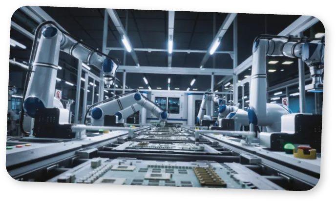 Robotic Arms Automate Circuit Board Assembly Inside a Smart Factory. Factory Floor with Automatic Conveyor is Powered by an Artificial Intelligence Software Without Human Help and Assistance