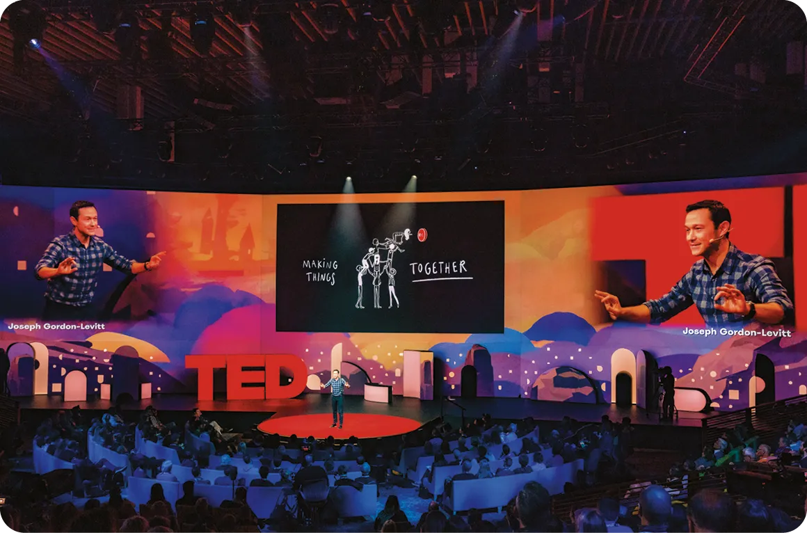 Actor Joseph Gordon-Levitt speaks in the David Rockwell designed TED theater at TED2019.