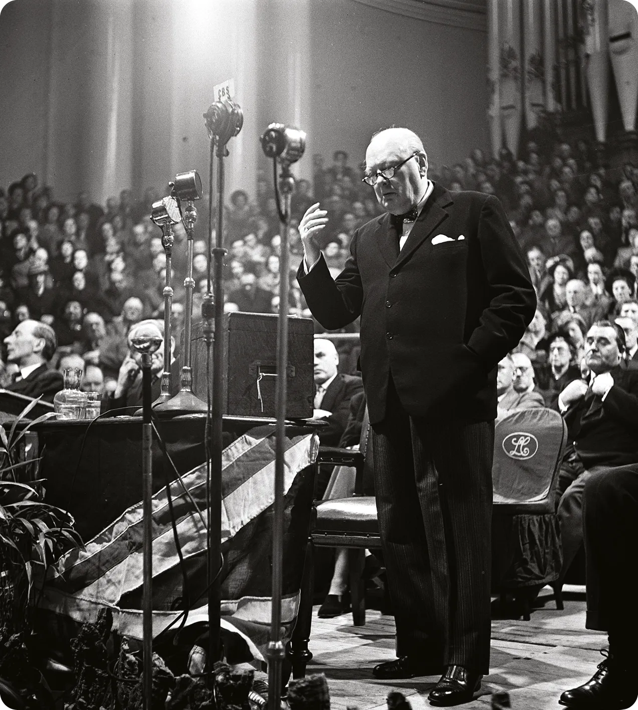 Winston Churchill, Conservative politician and British Prime Minister between the years 1940-45, and 1951-55, is pictured making a speech.