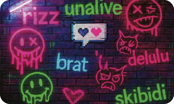 Neon graffiti on a brick wall featuring social media slang words: rizz, unalive, brat, delulu, with emojis and a heart message bubble.