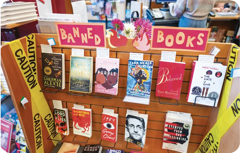 Banned books on display in a bookstore.