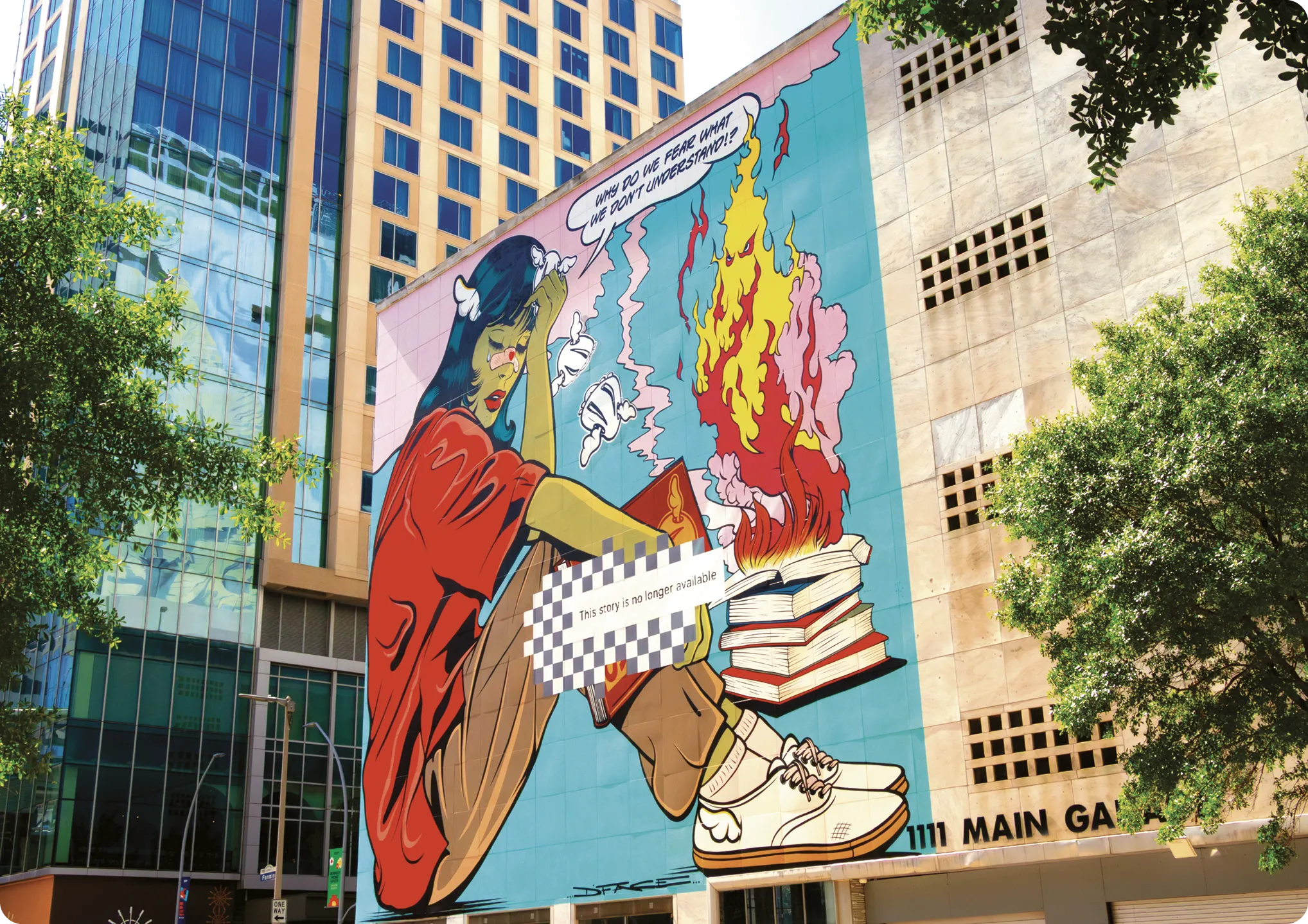 La peinture murale de D*Face intitulée Books and Freedom (Livres et liberté) à Houston, Texas, dépeignant l'importance de l'éducation et de la liberté d'expression.
