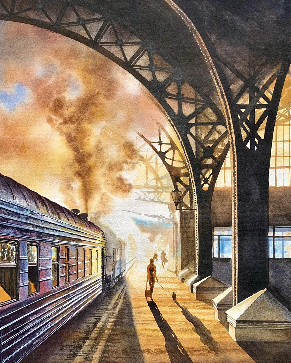 Igor Dubovoy, Railway station, 2019, aquarelle sur papier, 56 × 38 cm.