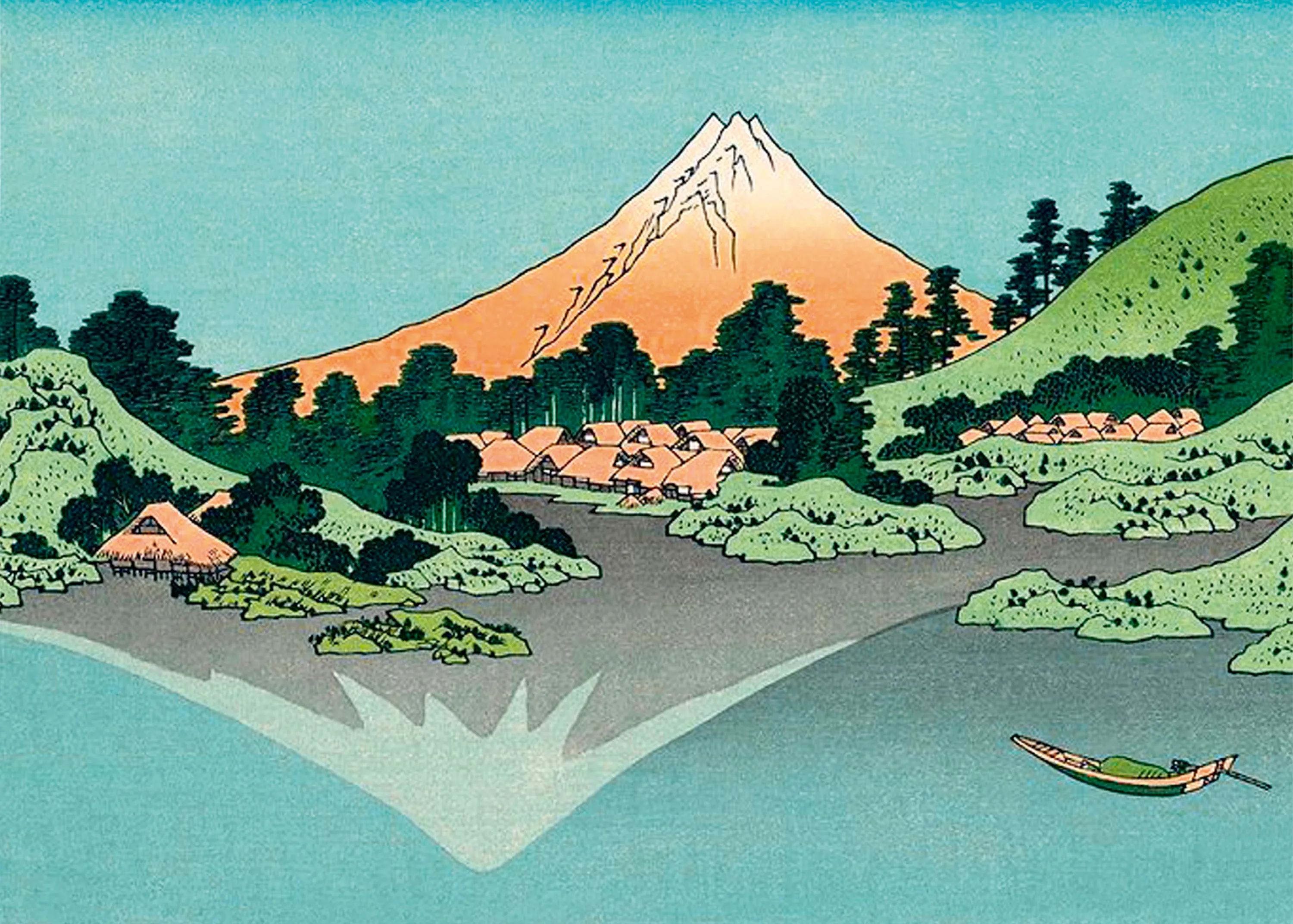 Katsushika Hokusai, Reflet du mont Fuji dans le lac Kawaguchi, vu depuis
le col Misaka dans la province de Kai, vers 1831, gravure sur bois.