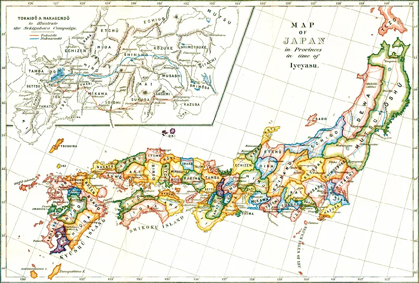 Carte du Japon en 1903 sous Iyeyasu : provinces colorées, îles visibles.  Vue détaillée, historique.