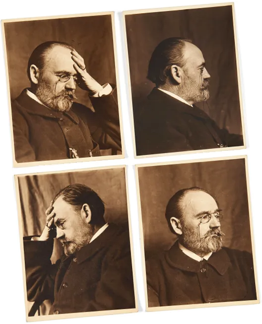 Quatre photos d'Émile Zola (vers 1900 : noir et blanc). L'écrivain est assis, vu de face et de profil.