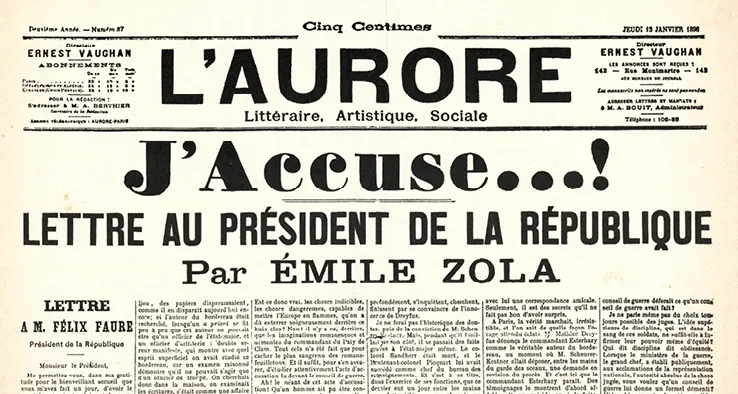 Première page de L'Aurore, journal français du 13 janvier 1898, montrant l'article &quotJ'Accuse... !" d'Émile Zola, lettre ouverte au président Félix Faure dénonçant l'injustice faite au capitaine Dreyfus.