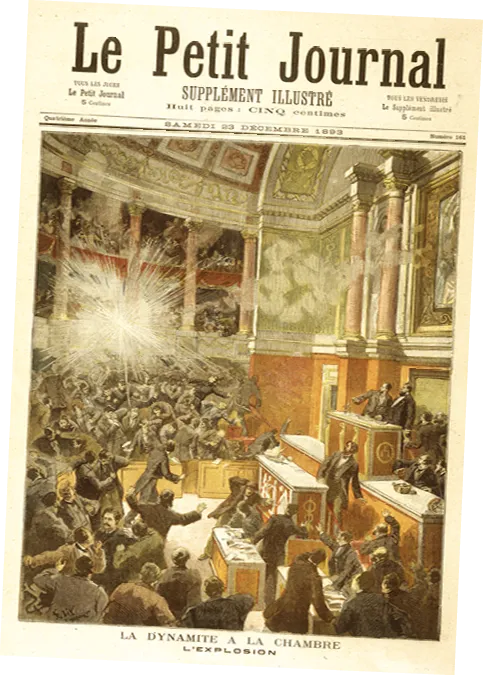 Illustration du Petit Journal (1893) : explosion à la Chambre des députés, panique et chaos parmi les députés.