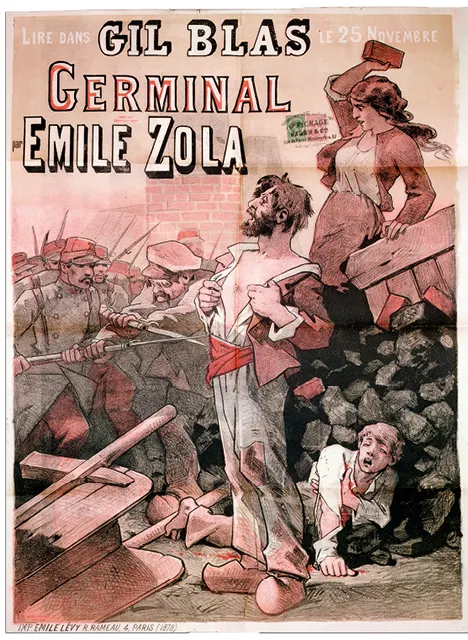 Affiche publicitaire de Germinal d'Emile Zola : mineurs en colère, scène de révolte.