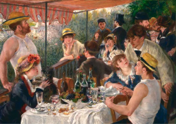 Peinture impressionniste de Renoir, Le Déjeuner des canotiers : groupe élégant partageant un repas en extérieur, chapeaux, boissons, chien.