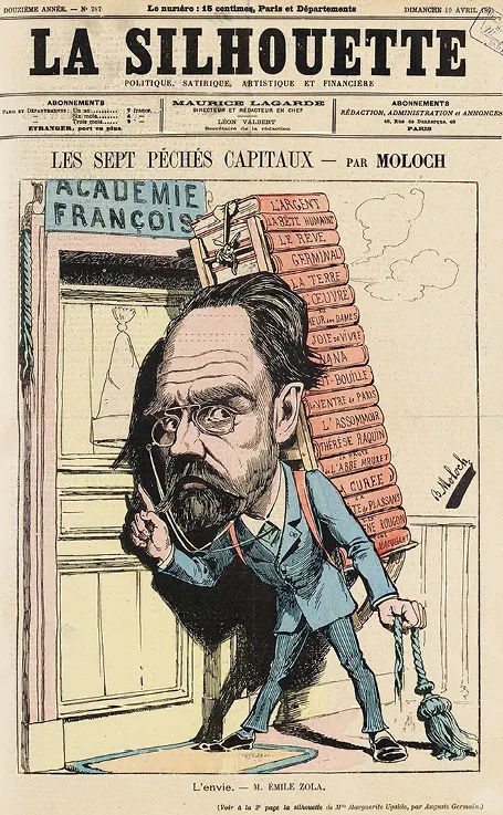 Caricature d'Émile Zola, auteur français, dans le journal La Silhouette (1891). Il porte ses œuvres littéraires.