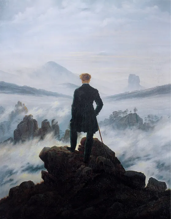 Peinture romantique de Caspar David Friedrich : homme dos au spectateur, admirant un paysage brumeux depuis un sommet rocheux. Mer de nuages, montagnes et ciel gris.