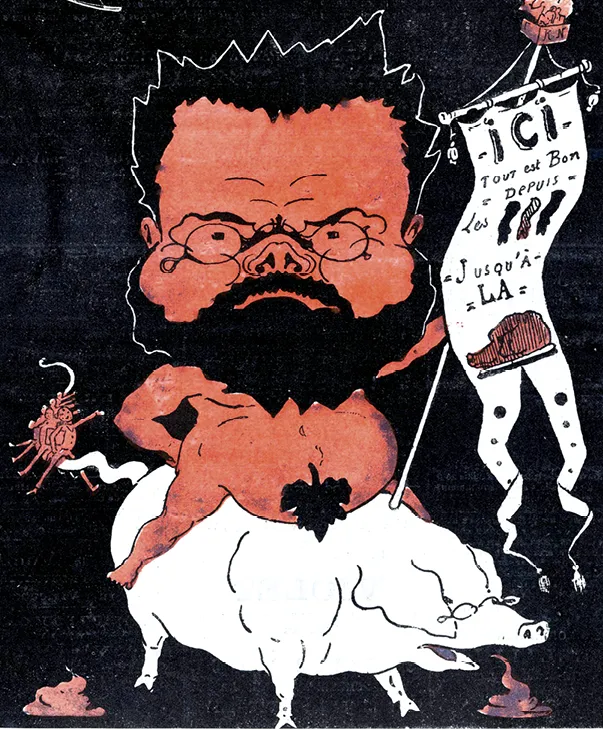Caricature d'Émile Zola en cochon, tenant une pancarte. Satire politique de 1880.