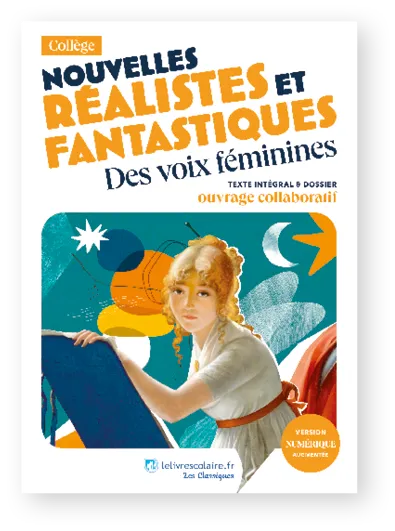 Couverture du livre &quotNouvelles réalistes et fantastiques", illustrée d'une jeune femme peignant sur fond abstrait coloré. Version numérique augmentée.
