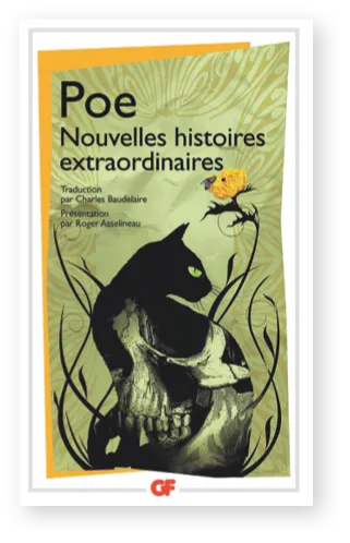 Couverture du livre &quotNouvelles histoires extraordinaires" d'Edgar Poe. Illustration : chat noir sur un crâne.