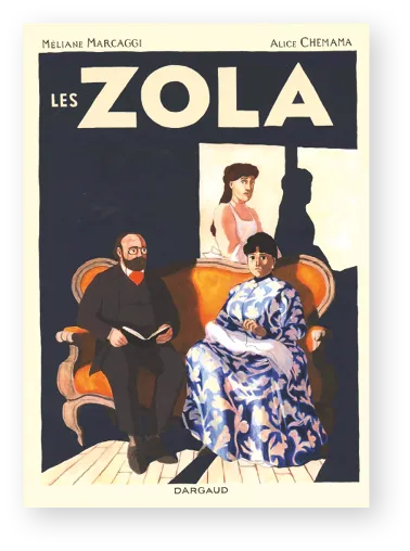 Affiche Art déco pour &quotLes Zola", représentant une famille : père lisant, mère en robe fleurie, fille debout. Style graphique vintage.