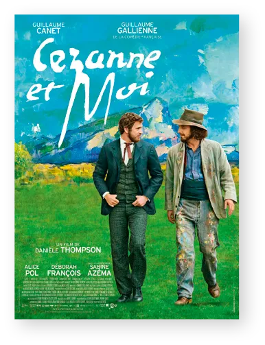 Affiche du film &quotCézanne et Moi" : deux hommes, élégamment vêtus, marchent dans un champ. L'un est peintre, l'autre plus formel.