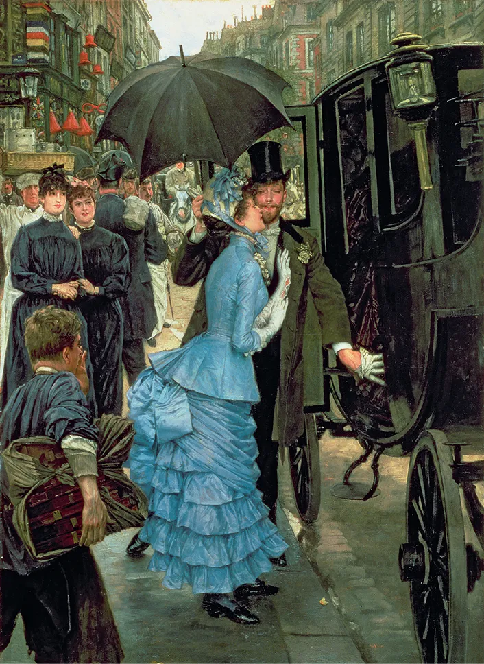 Peinture de Tissot, un couple élégant s'embrasse sous un parapluie près d'une voiture hippomobile dans une rue animée du XIXe siècle.