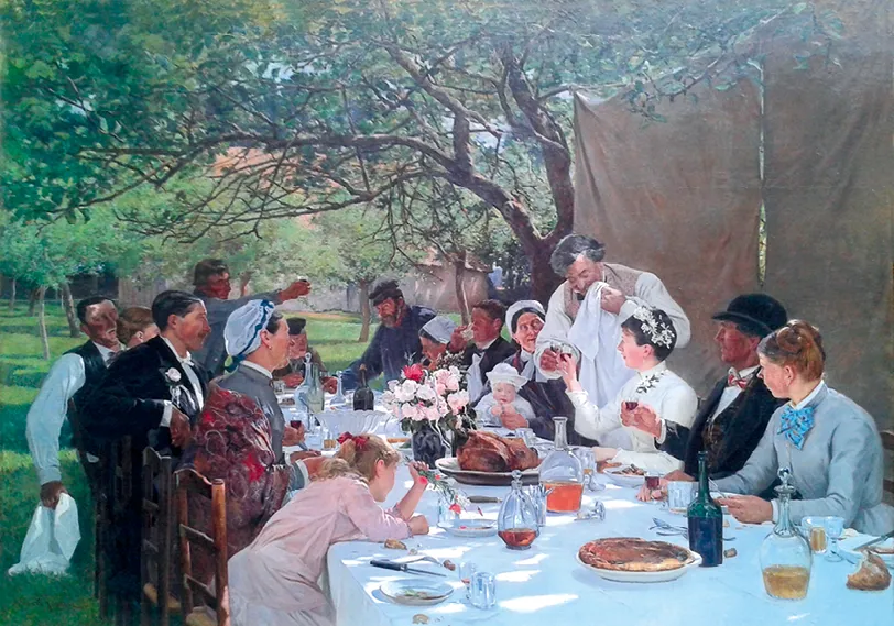 Peinture d'Albert Auguste Fourié, représentant un festin de mariage en extérieur. Nombreux convives réunis autour d'une table abondante sous un arbre.