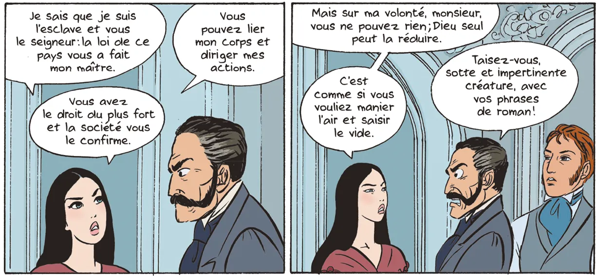 Bande dessinée: une femme défie un homme, contestant sa domination. Dialogue sur la liberté et l'esclavage, la loi et la volonté.
