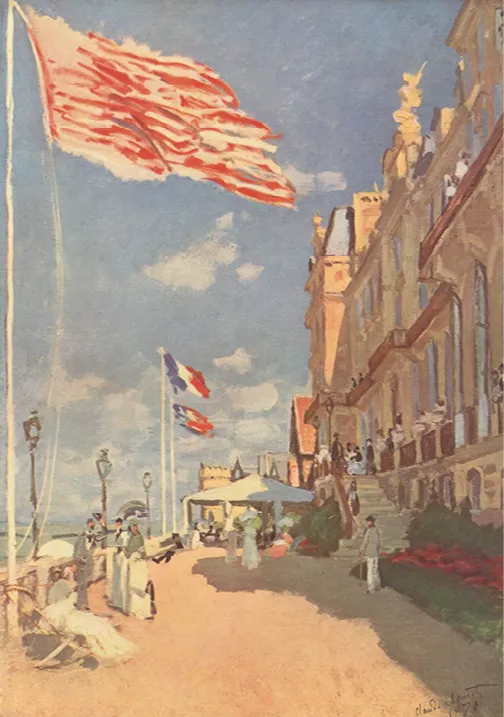 Peinture impressionniste de Monet : l'Hôtel des Roches Noires à Trouville. Drapeaux américain et français flottent, des promeneurs sont visibles.