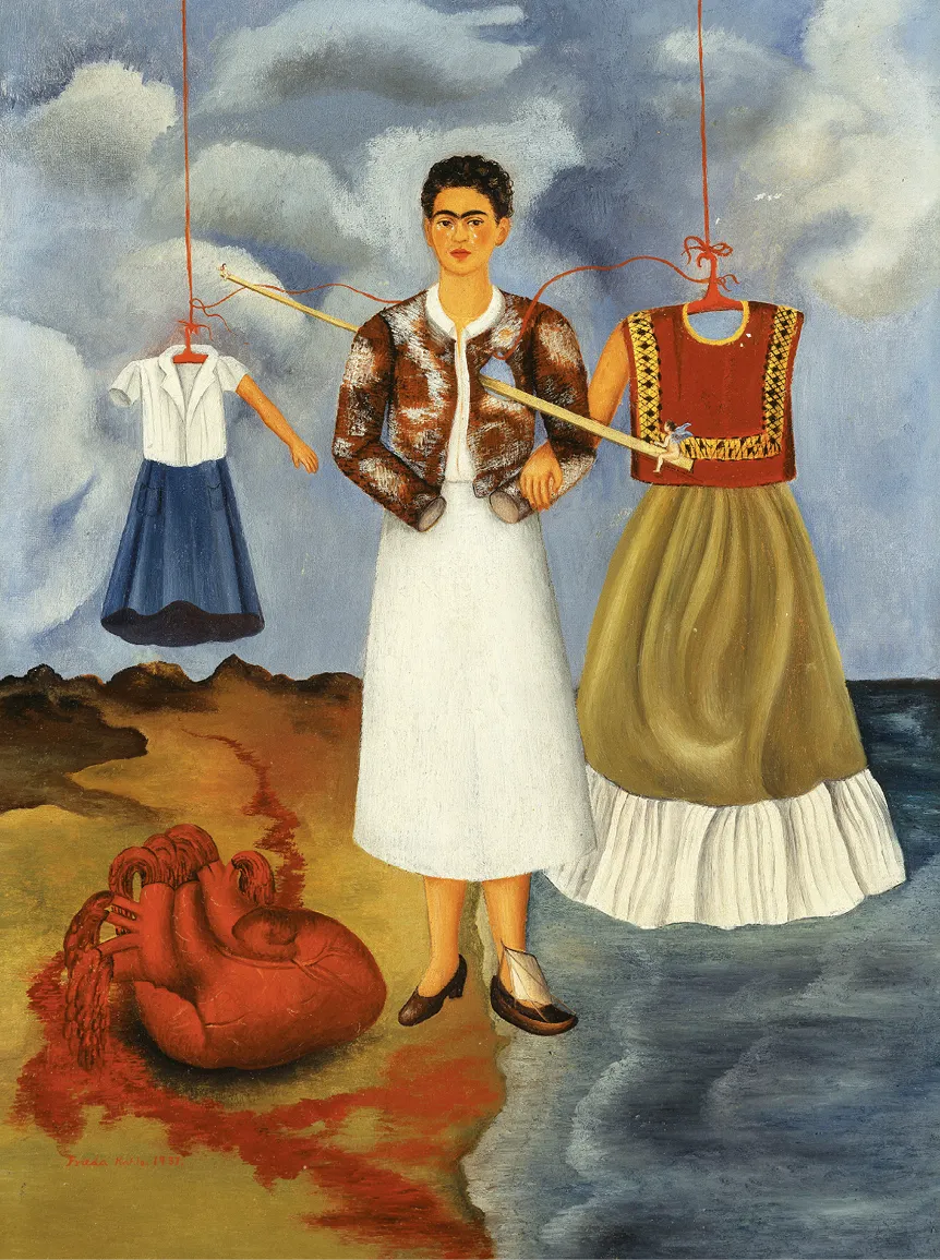 Peinture surréaliste de Frida Kahlo se tenant près d'un cœur ensanglanté, manipulant des vêtements suspendus par des fils.
