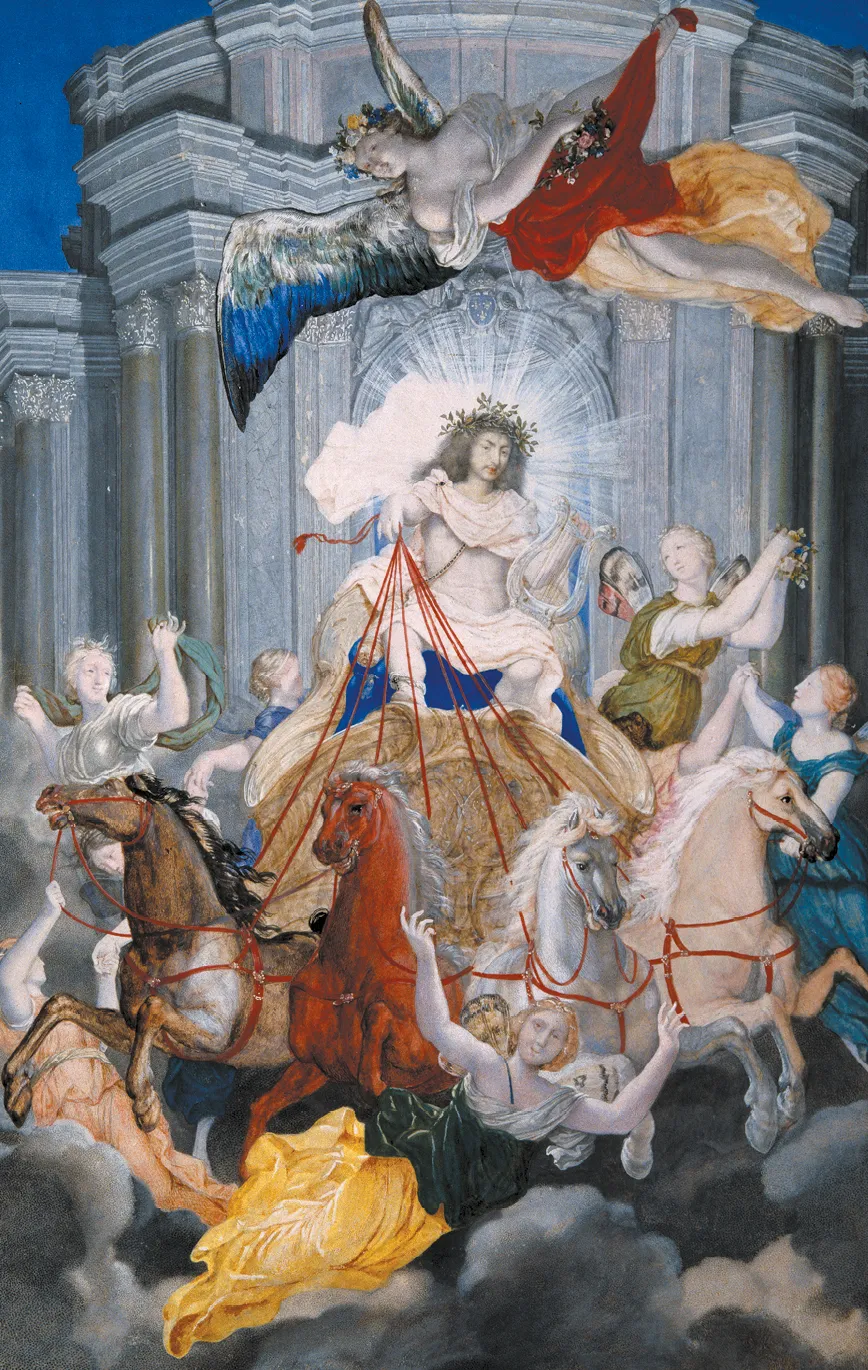 Gouache de Joseph Werner représentant Louis XIV en Apollon, dieu solaire, conduisant un char tiré par des chevaux, entouré de figures allégoriques.