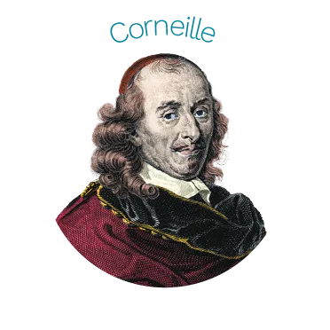 Gravure portrait Pierre Corneille, auteur dramatique français, cheveux bouclés, robe rouge.
