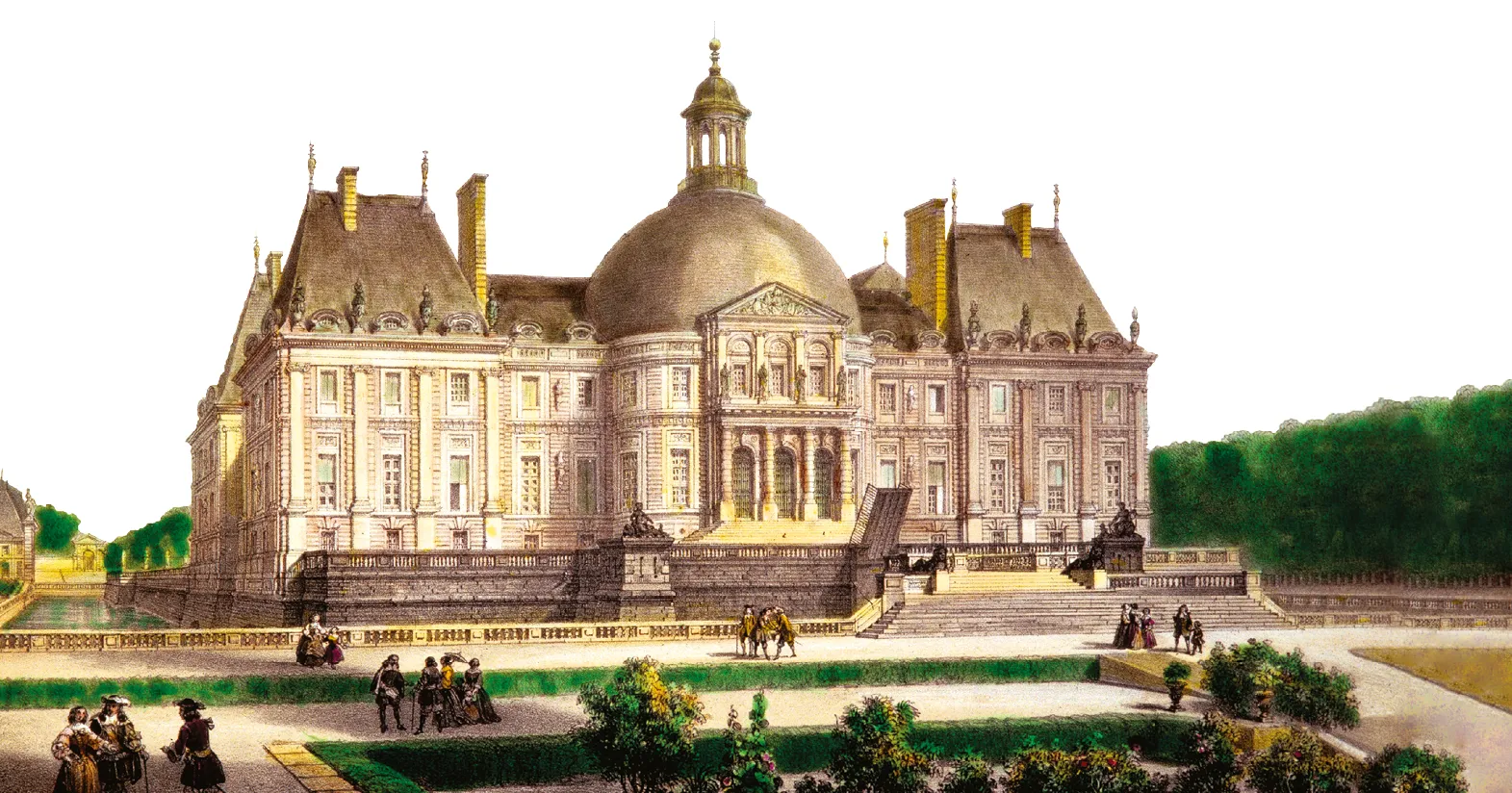 Gravure du XIXe siècle montrant le château de Vaux-le-Vicomte, son architecture classique française, ses jardins et des visiteurs.