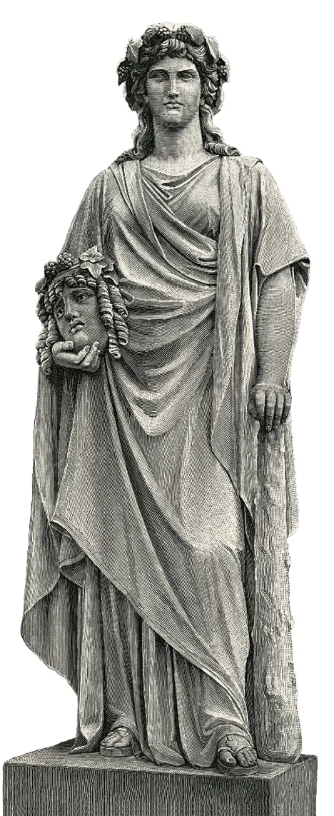 Gravure : Melpomène, muse grecque de la tragédie, tient un masque antique. Détail d'une sculpture d'Ernst Hähnel (1887).