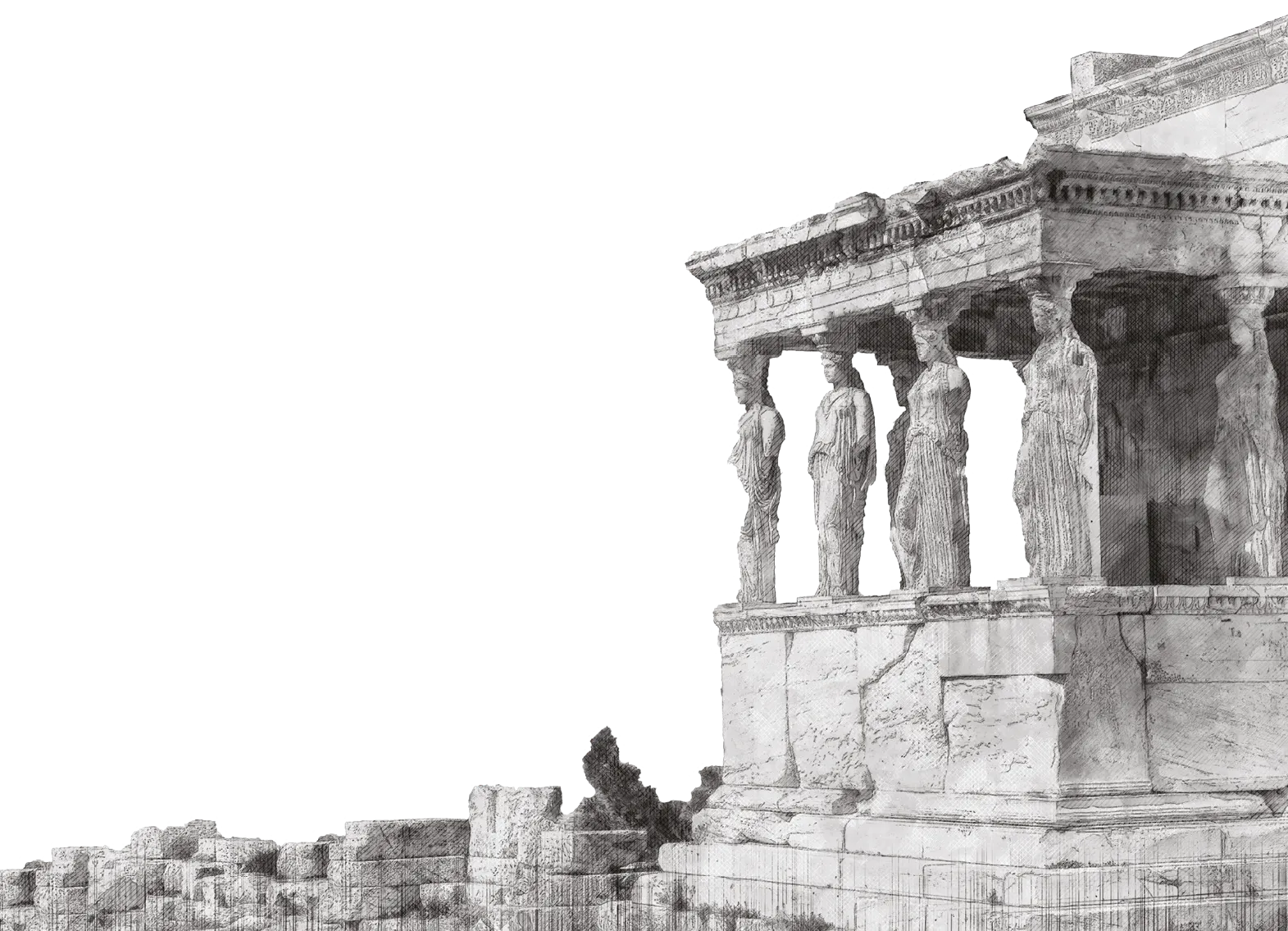 Gravure : Portique des Caryatides, Acropole d'Athènes. Détail architectural avec statues féminines supportant l'entablement.