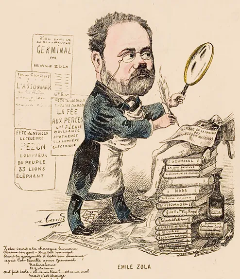 Caricature d'Émile Zola écrivant à son bureau encombré. Loupe à la main, il est entouré de ses œuvres.