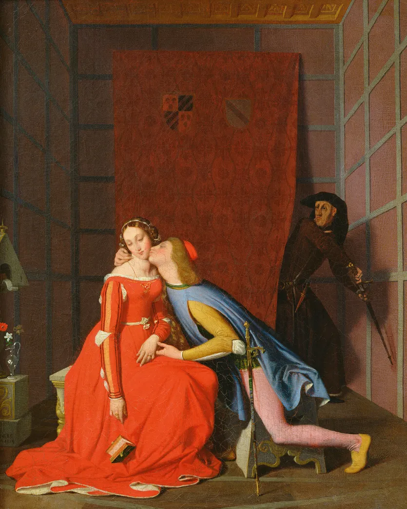 Peinture: un homme embrasse une femme en robe rouge, un homme masqué les observe secrètement.