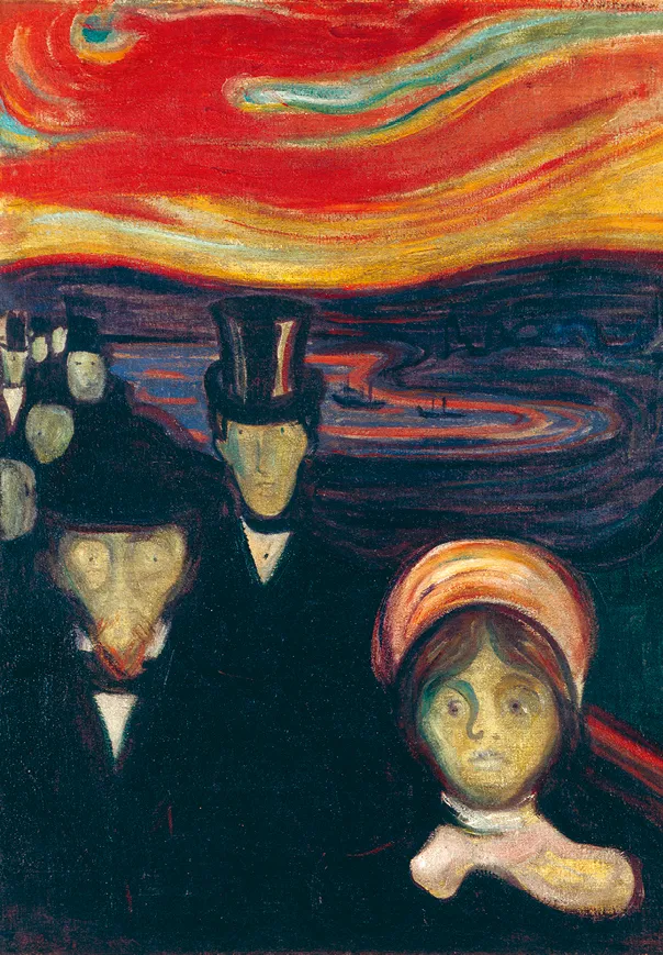 Peinture Le Cri : trois personnages, un homme en haut-de-forme et une femme voilée, sur fond de ciel rouge sang et fjord ondulant.
